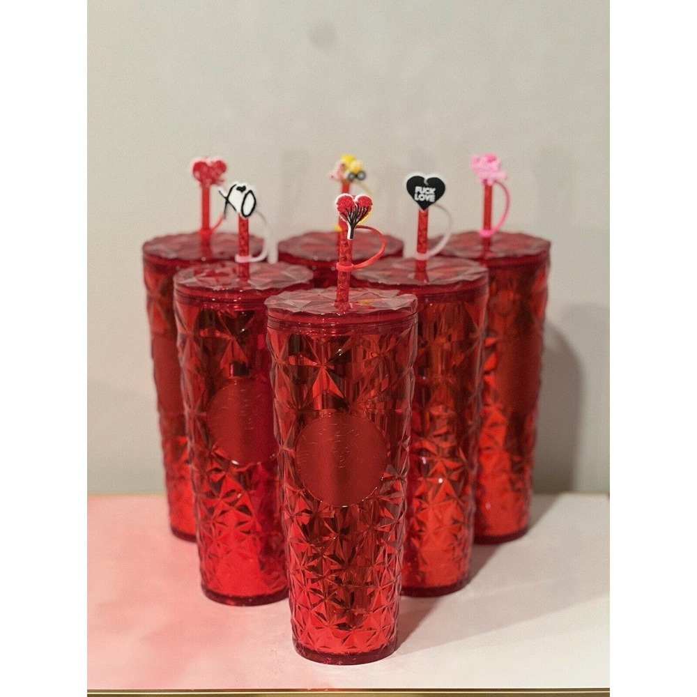 Starbucks 24oz Tumbler Red Diamond Prism Crystal, W/ Valentines Day Straw Topper